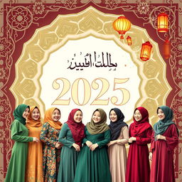 A vibrant and festive poster celebrating the New Year 2025 from a Muslim clothing brand