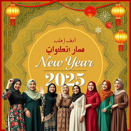 A vibrant and festive poster celebrating the New Year 2025 from a Muslim clothing brand