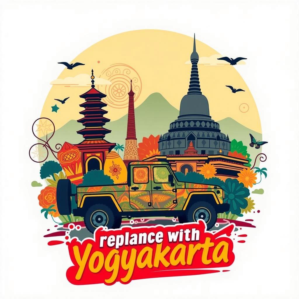 An illustration design for a study tour shirt featuring STIE and AKPAR Yasmi in Yogyakarta