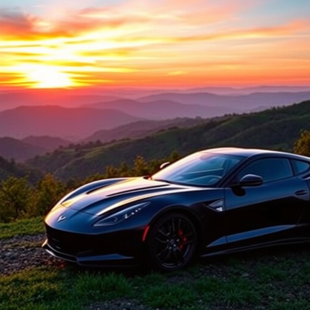 A beautifully edited background featuring a sleek sports car parked on a scenic overlook