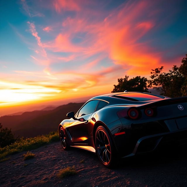 A beautifully edited background featuring a sleek sports car parked on a scenic overlook