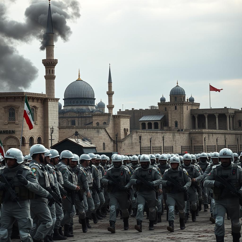 A tense and dramatic scene showcasing Iranian military personnel and commanders standing next to the iconic Al-Aqsa Mosque, with intricate architectural details of the mosque visible