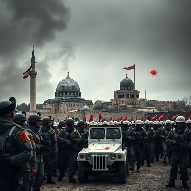 A tense and dramatic scene showcasing Iranian military personnel and commanders standing next to the iconic Al-Aqsa Mosque, with intricate architectural details of the mosque visible