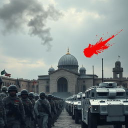 A tense and dramatic scene showcasing Iranian military personnel and commanders standing next to the iconic Al-Aqsa Mosque, with intricate architectural details of the mosque visible