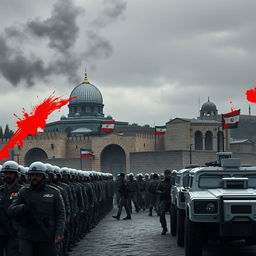 A tense and dramatic scene showcasing Iranian military personnel and commanders standing next to the iconic Al-Aqsa Mosque, with intricate architectural details of the mosque visible
