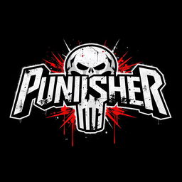 A striking graphic design featuring the text 'Punisher' in bold, stylized typography