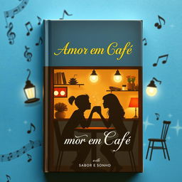 A captivating book cover titled 'Amor em Café', featuring vibrant blues in the background