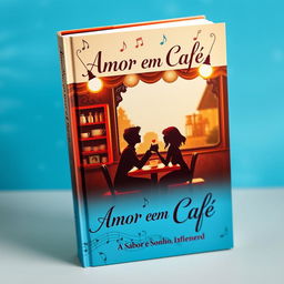 A captivating book cover titled 'Amor em Café', featuring vibrant blues in the background