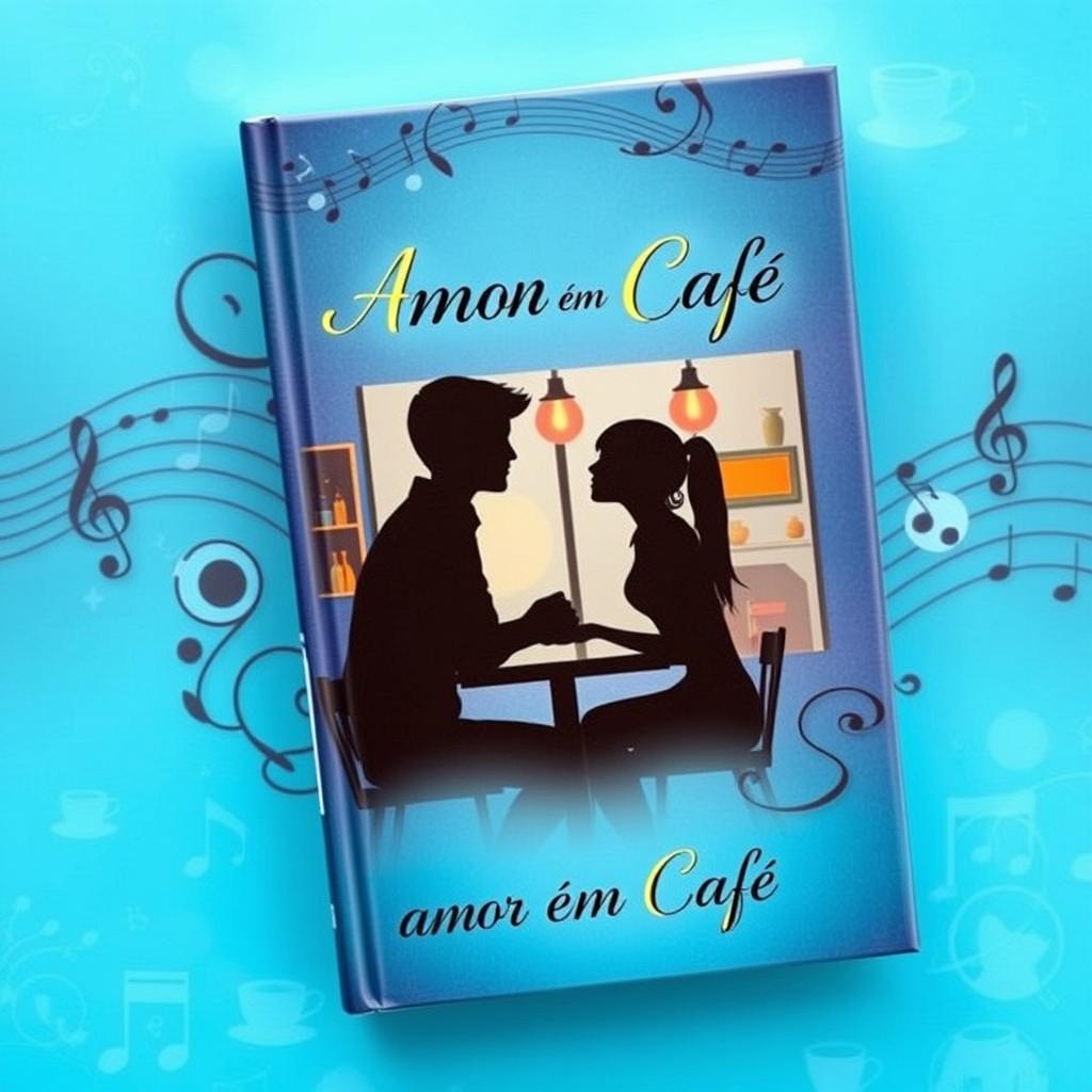 A captivating book cover titled 'Amor em Café', featuring vibrant blues in the background