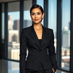 A professional businesswoman wearing a tailored black suit, exuding confidence and sophistication