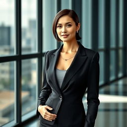 A professional businesswoman wearing a tailored black suit, exuding confidence and sophistication