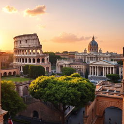 A picturesque view of Rome, Italy, showcasing iconic landmarks such as the Colosseum, the Roman Forum, and St