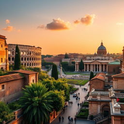 A picturesque view of Rome, Italy, showcasing iconic landmarks such as the Colosseum, the Roman Forum, and St
