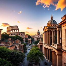 A picturesque view of Rome, Italy, showcasing iconic landmarks such as the Colosseum, the Roman Forum, and St