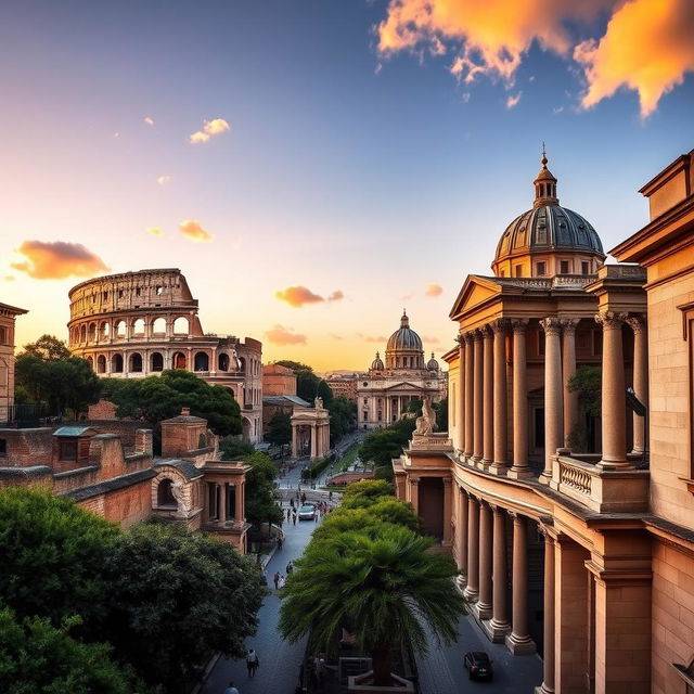 A picturesque view of Rome, Italy, showcasing iconic landmarks such as the Colosseum, the Roman Forum, and St