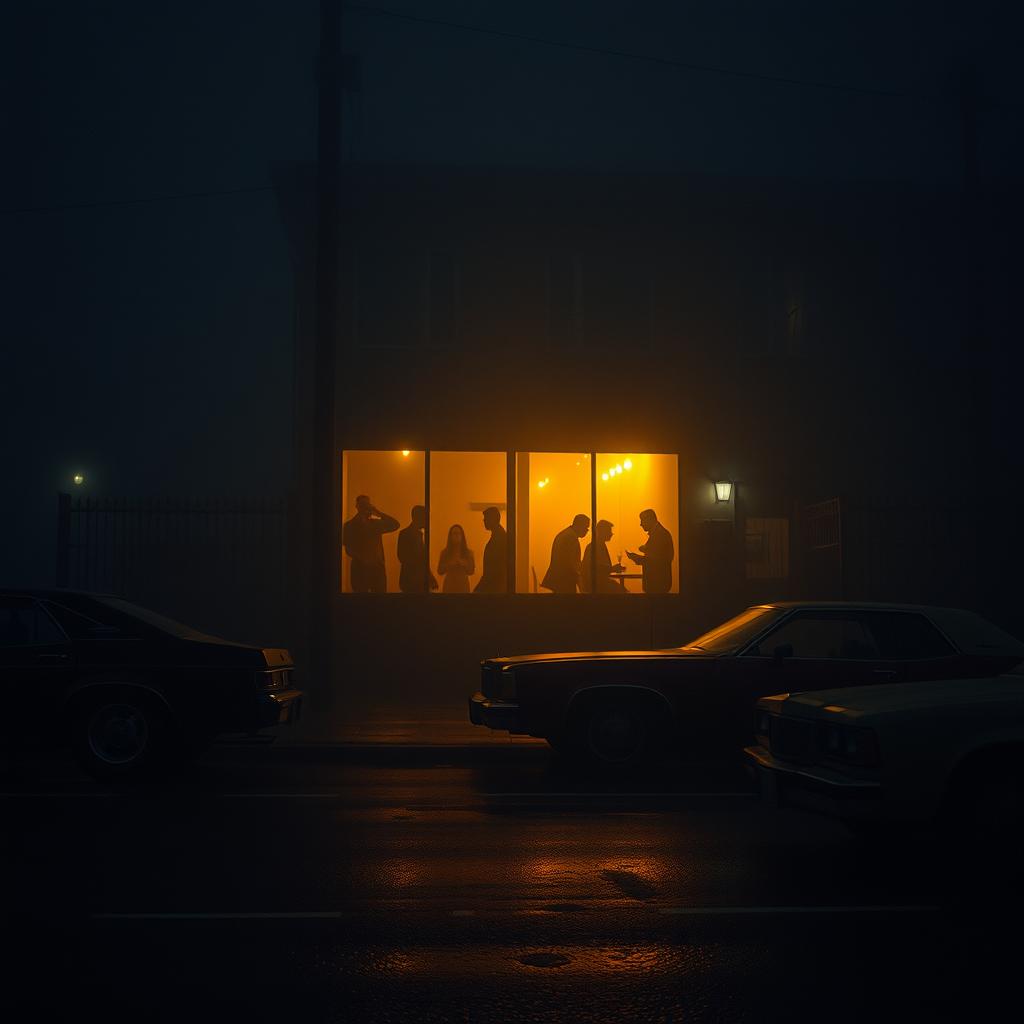 A scene depicting an exterior view of a 1990s café, shrouded in a dark, mysterious fog
