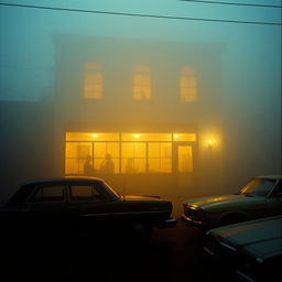 A scene depicting an exterior view of a 1990s café, shrouded in a dark, mysterious fog