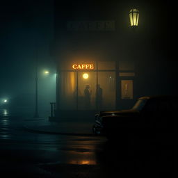 A scene depicting an exterior view of a 1990s café, shrouded in a dark, mysterious fog