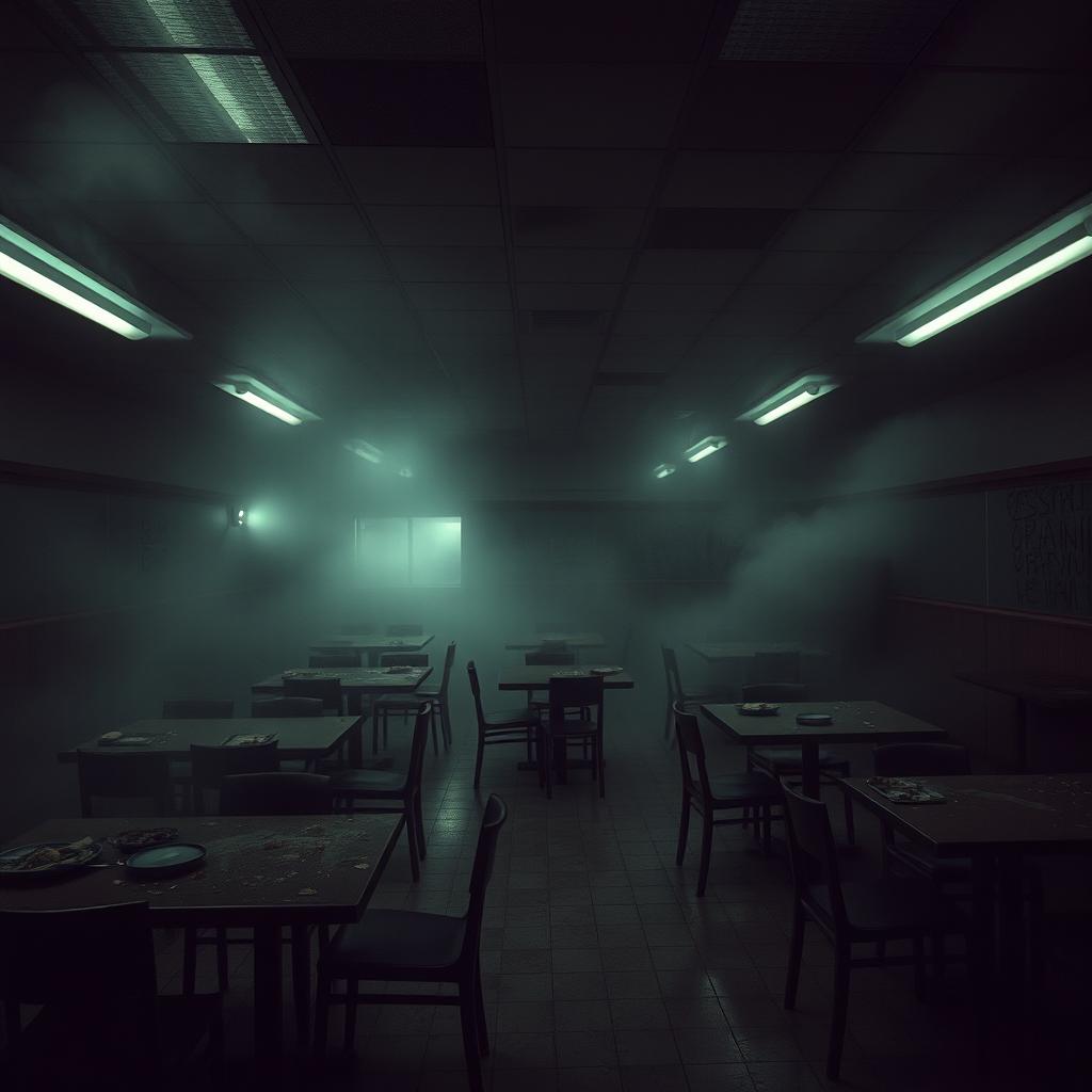 a dark and eerie cafeteria shrouded in thick fog, dimly lit with flickering fluorescent lights casting long shadows, tables scattered unevenly, chairs overturned, abandoned trays with food remnants, ghostly atmosphere accentuated by the mist swirling around, the walls lined with peeling paint, and a feeling of abandonment giving rise to unease, an ominous presence hinted at in the corners