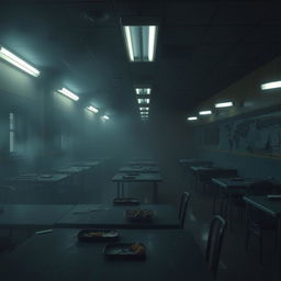 a dark and eerie cafeteria shrouded in thick fog, dimly lit with flickering fluorescent lights casting long shadows, tables scattered unevenly, chairs overturned, abandoned trays with food remnants, ghostly atmosphere accentuated by the mist swirling around, the walls lined with peeling paint, and a feeling of abandonment giving rise to unease, an ominous presence hinted at in the corners