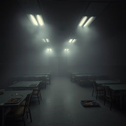 a dark and eerie cafeteria shrouded in thick fog, dimly lit with flickering fluorescent lights casting long shadows, tables scattered unevenly, chairs overturned, abandoned trays with food remnants, ghostly atmosphere accentuated by the mist swirling around, the walls lined with peeling paint, and a feeling of abandonment giving rise to unease, an ominous presence hinted at in the corners