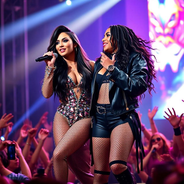 A vibrant and colorful concert scene featuring Demi Lovato and Karol G performing together on stage