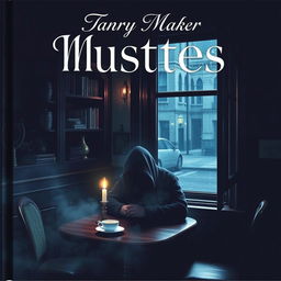 A dark mystery book cover set in a cozy yet eerie café