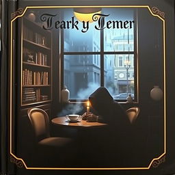 A dark mystery book cover set in a cozy yet eerie café