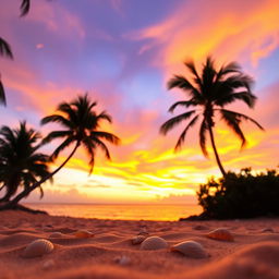 A stunning sunset over a tranquil beach, the sky ablaze with vibrant hues of orange, pink, and purple, reflecting beautifully on the calm water