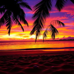 A stunning sunset over a tranquil beach, the sky ablaze with vibrant hues of orange, pink, and purple, reflecting beautifully on the calm water