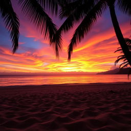 A stunning sunset over a tranquil beach, the sky ablaze with vibrant hues of orange, pink, and purple, reflecting beautifully on the calm water
