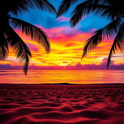 A stunning sunset over a tranquil beach, the sky ablaze with vibrant hues of orange, pink, and purple, reflecting beautifully on the calm water