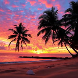 A stunning sunset over a tranquil beach, the sky ablaze with vibrant hues of orange, pink, and purple, reflecting beautifully on the calm water