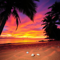 A stunning sunset over a tranquil beach, the sky ablaze with vibrant hues of orange, pink, and purple, reflecting beautifully on the calm water