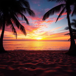A stunning sunset over a tranquil beach, the sky ablaze with vibrant hues of orange, pink, and purple, reflecting beautifully on the calm water