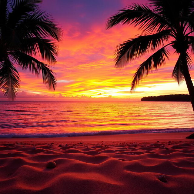 A stunning sunset over a tranquil beach, the sky ablaze with vibrant hues of orange, pink, and purple, reflecting beautifully on the calm water