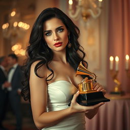 A striking image of a glamorous woman embodying the essence of Lana Del Rey, holding a shiny Grammy trophy, with a stylish vintage aesthetic