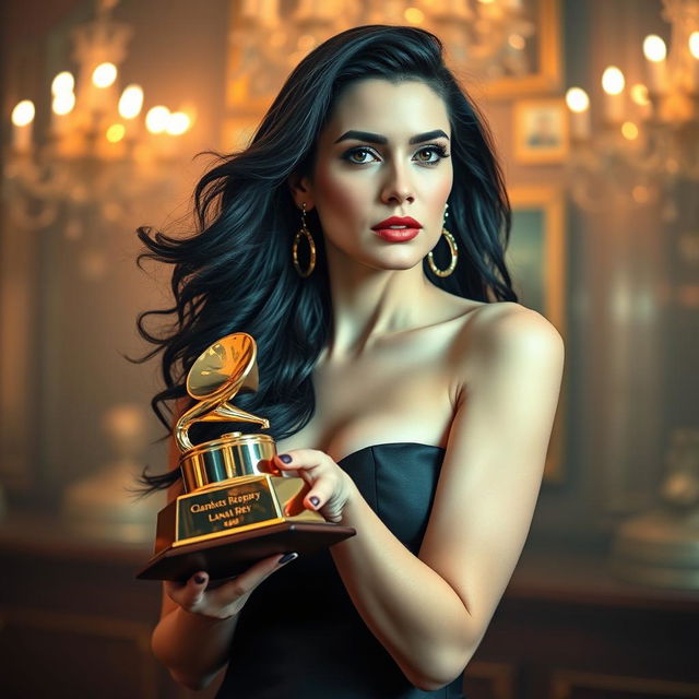 A striking image of a glamorous woman embodying the essence of Lana Del Rey, holding a shiny Grammy trophy, with a stylish vintage aesthetic