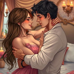 A detailed artistic representation of sensual intimacy, featuring two adults in a romantic setting