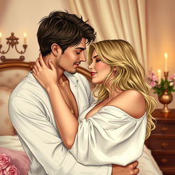 A detailed artistic representation of sensual intimacy, featuring two adults in a romantic setting