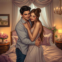 A detailed artistic representation of sensual intimacy, featuring two adults in a romantic setting