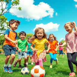 A vibrant and playful scene featuring a diverse group of boys and girls engaging in fun outdoor activities like playing soccer in a green park, laughter and joy on their faces