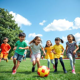 A vibrant and playful scene featuring a diverse group of boys and girls engaging in fun outdoor activities like playing soccer in a green park, laughter and joy on their faces