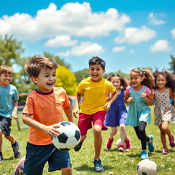 A vibrant and playful scene featuring a diverse group of boys and girls engaging in fun outdoor activities like playing soccer in a green park, laughter and joy on their faces