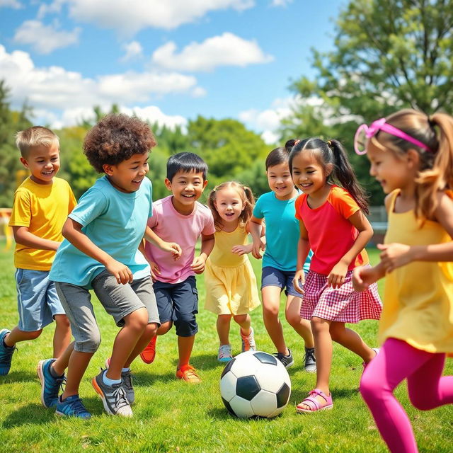 A vibrant and playful scene featuring a diverse group of boys and girls engaging in fun outdoor activities like playing soccer in a green park, laughter and joy on their faces