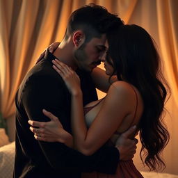 A sensual and intimate scene featuring a couple embracing, with soft lighting creating a romantic atmosphere