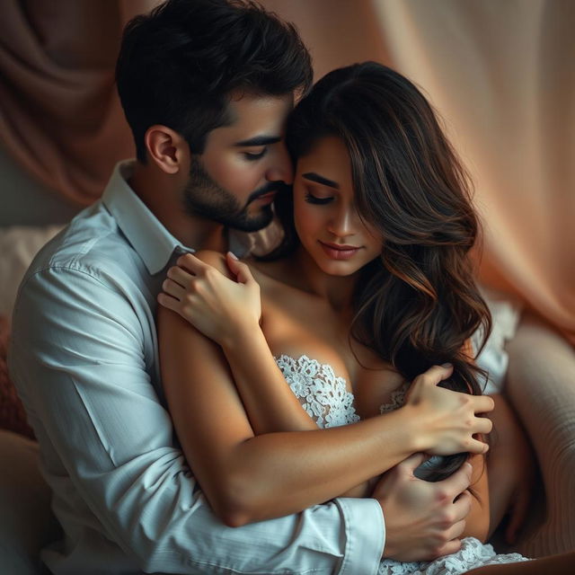 A sensual and intimate scene featuring a couple embracing, with soft lighting creating a romantic atmosphere