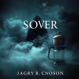 A moody and atmospheric book cover design showcasing a vintage coffee maker in the foreground