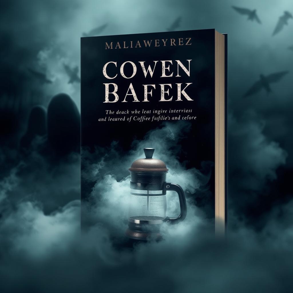 A moody and atmospheric book cover design showcasing a vintage coffee maker in the foreground