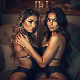 A sensual and artistic scene featuring beautiful models in an elegant, romantic setting